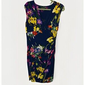 Lauren Ralph Lauren Navy Multi Floral Dress Womens Sz 12P Petite Sheath Surplice